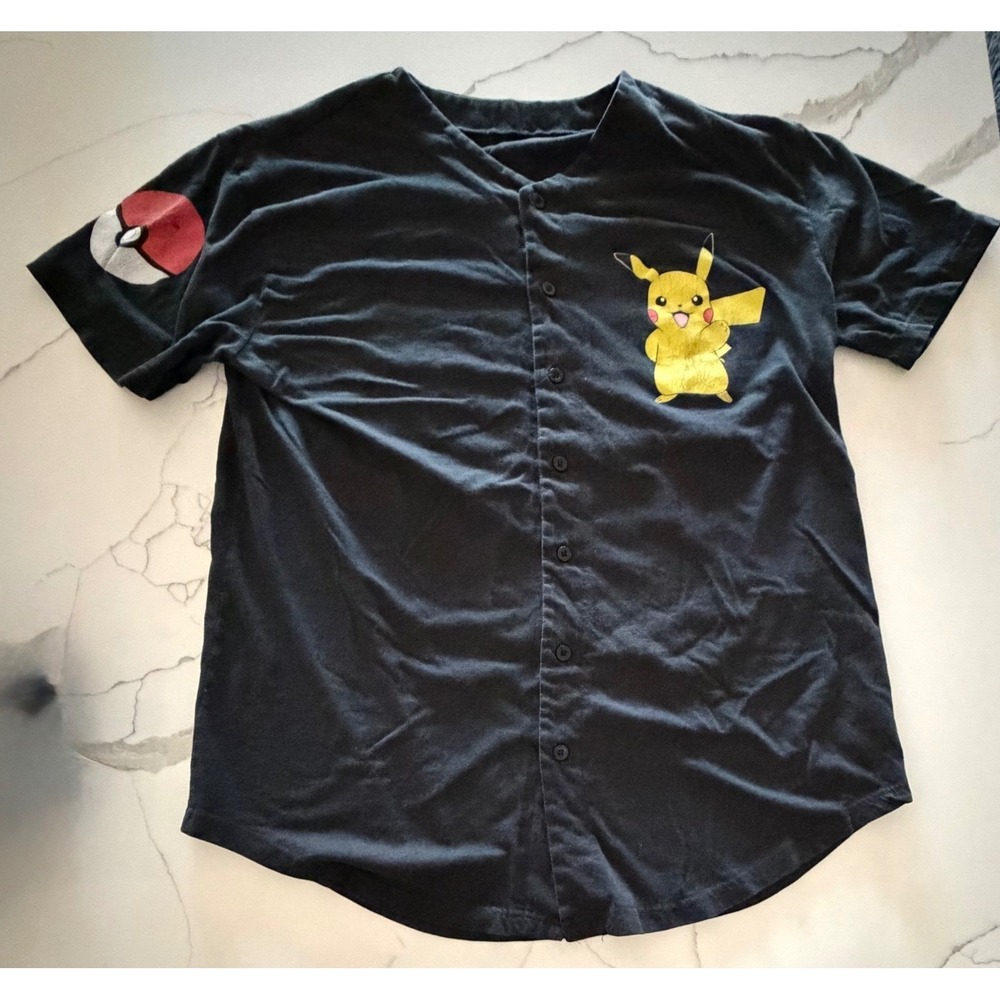 Pokemon Pikachu 025 Baseball Jersey Shirt Mens XL Black Button Up Poke Ball Logo